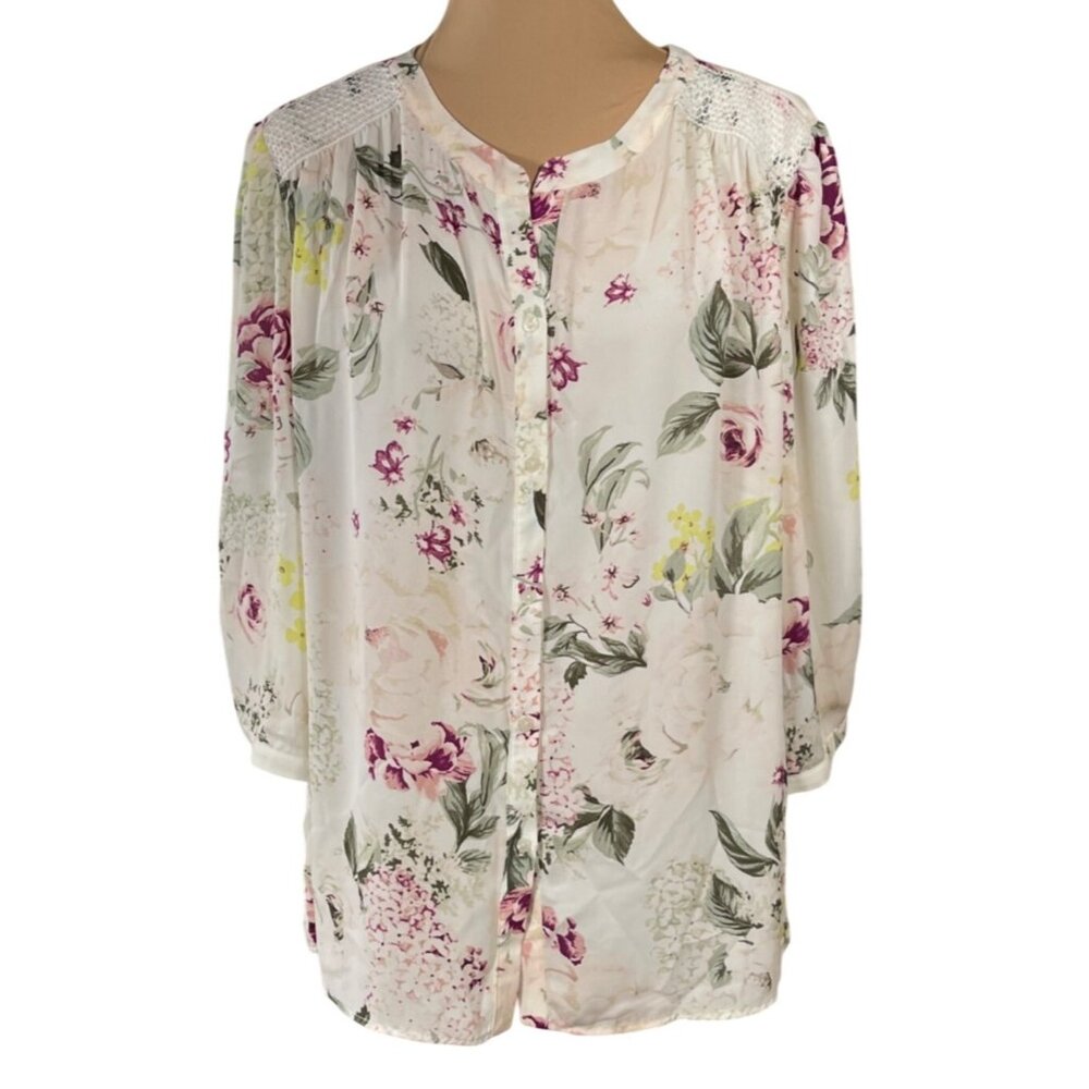 Cynthia Rowley Blouse Top Size 2X Floral Cream Pink Green Button Front